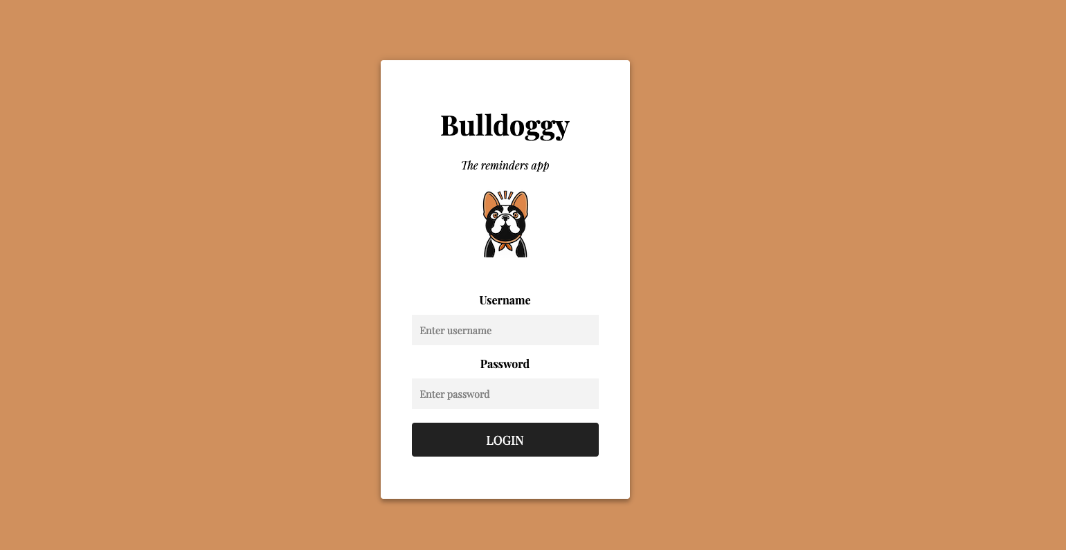 Bulldoggy front page with a login form